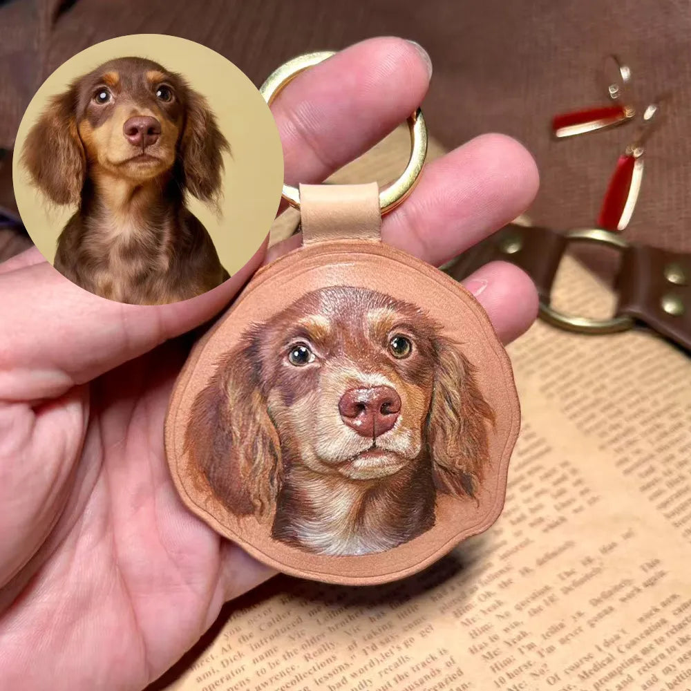 handmade leather pet portrait keychain