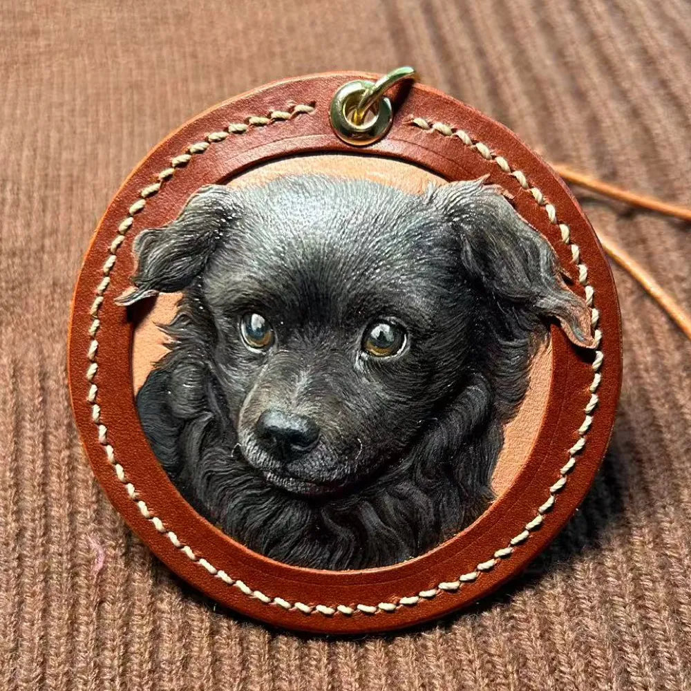 handmade leather pet portrait keychain