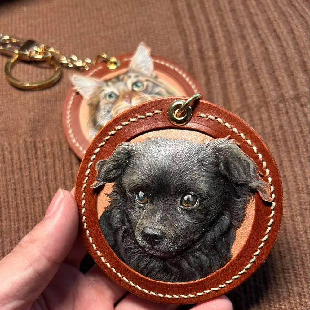 handmade leather pet portrait keychain
