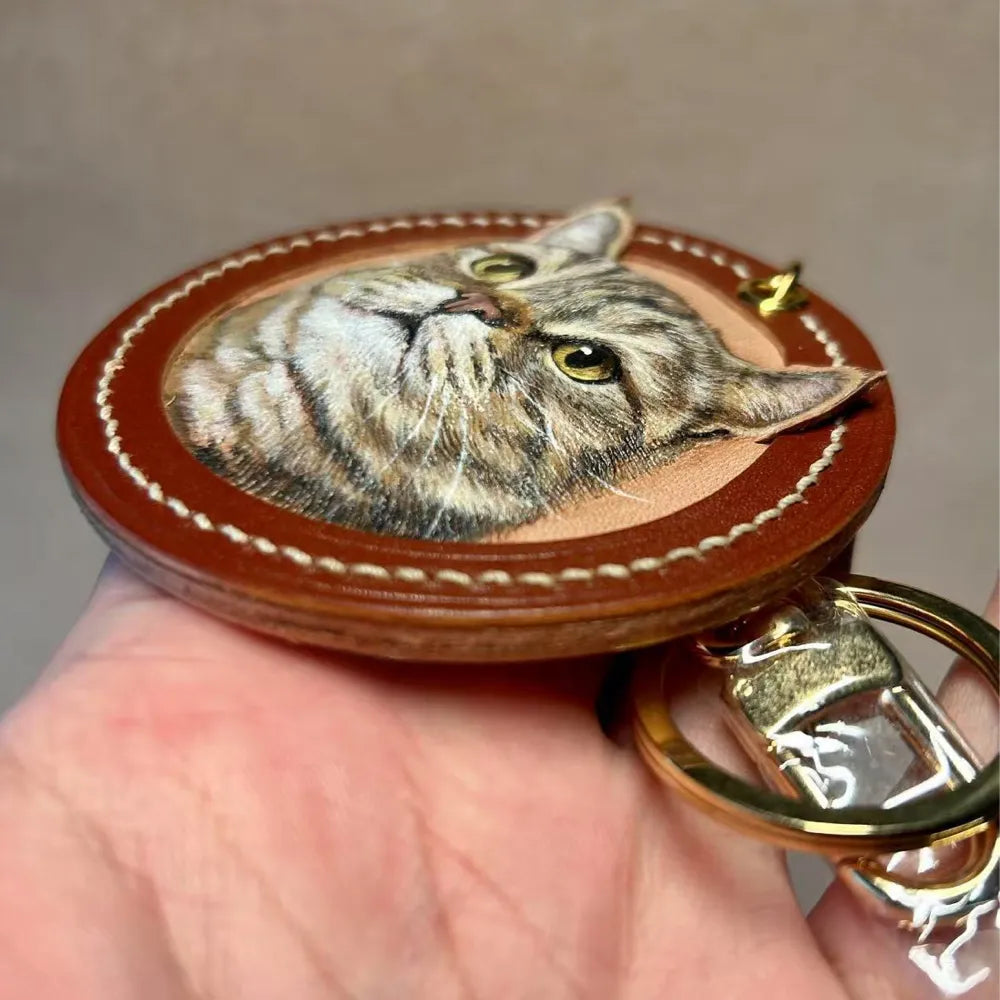handmade leather pet portrait keychain
